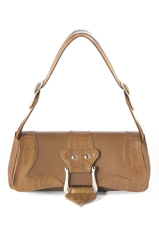 Camel beige women's dress handbag, matching pumps and belts. Top view - Florence KOOIJMAN